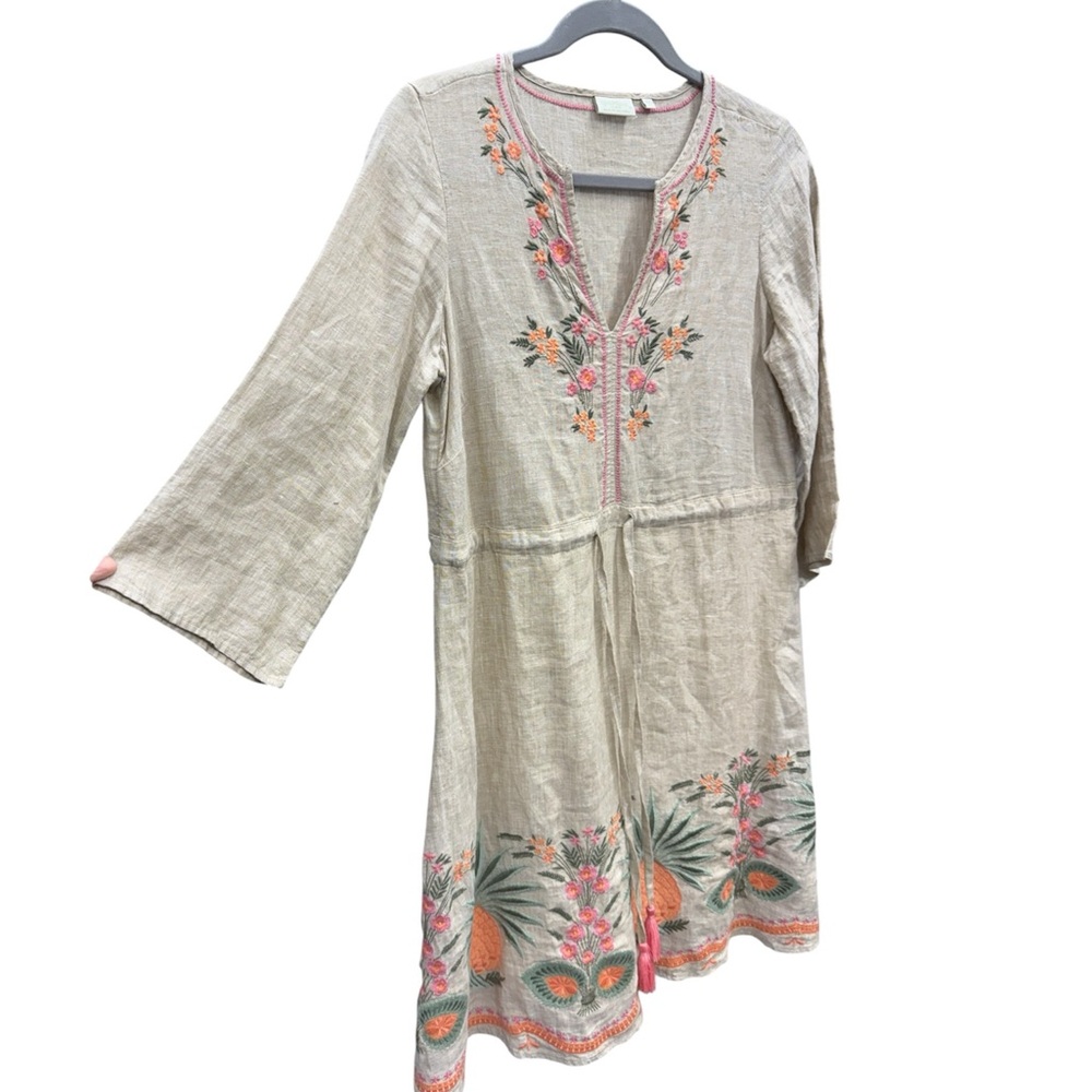Spartina 449 Floral Embroidered Linen Pineapple Tunic Dress - Pink Tassels - Picture 2 of 8